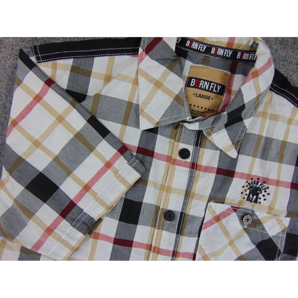 Born‎ Fly Button Up Shirt Mens Large Short Sleeve Plaid Multi-color Streetwear